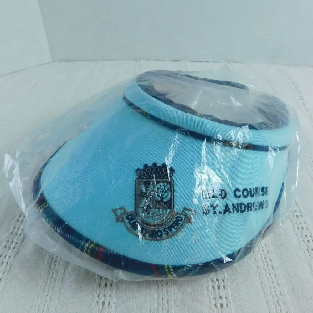 Old Course St Andrews Plaid Blue Golf Visor with Medallion Cotton Vintage NEW